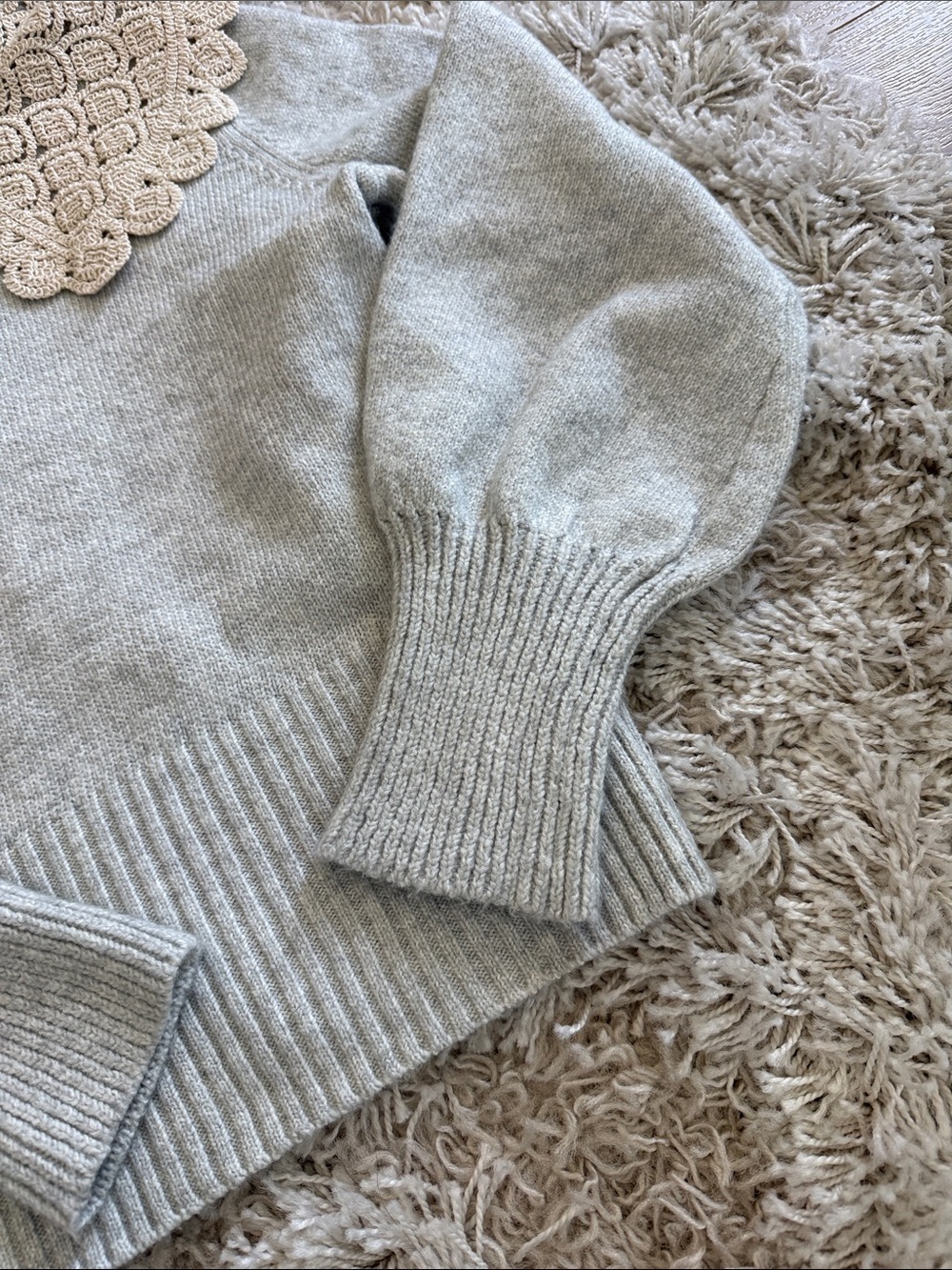 Light Gray Sweater with Cream Crochet Scallop Collar - Picture 2 of 6